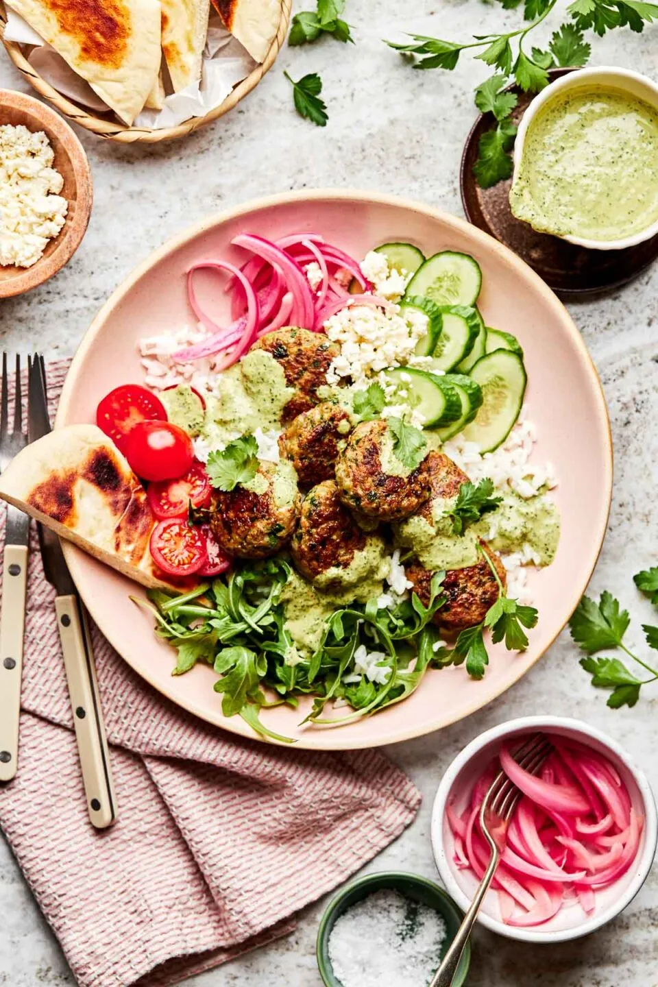 Turkey Falafel Meatballs with Creamy Tahini Sauce (30 Minutes)